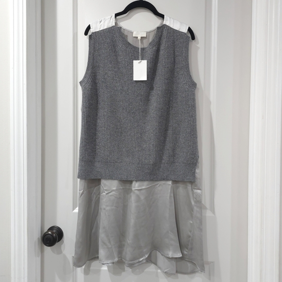 Clu Tops - CLU Mixed Media Gray Silver Sleeveless Lambswool Knit Top with 100% Silk Details